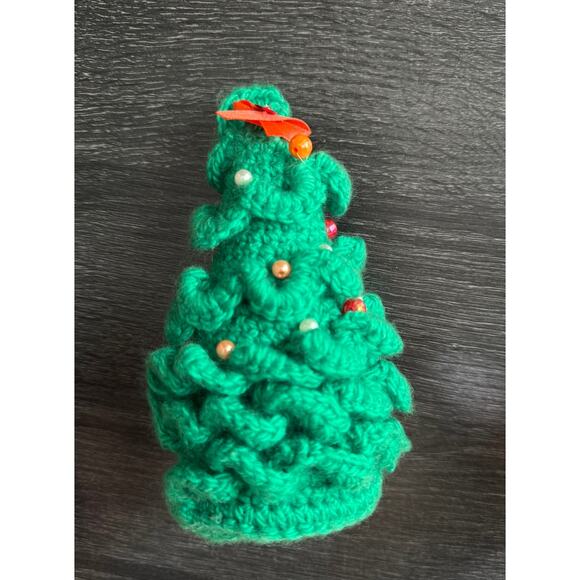 Hand Crotched Christmas Tree Ornament With Beads And Bow Ribbon - Picture 2 of 5